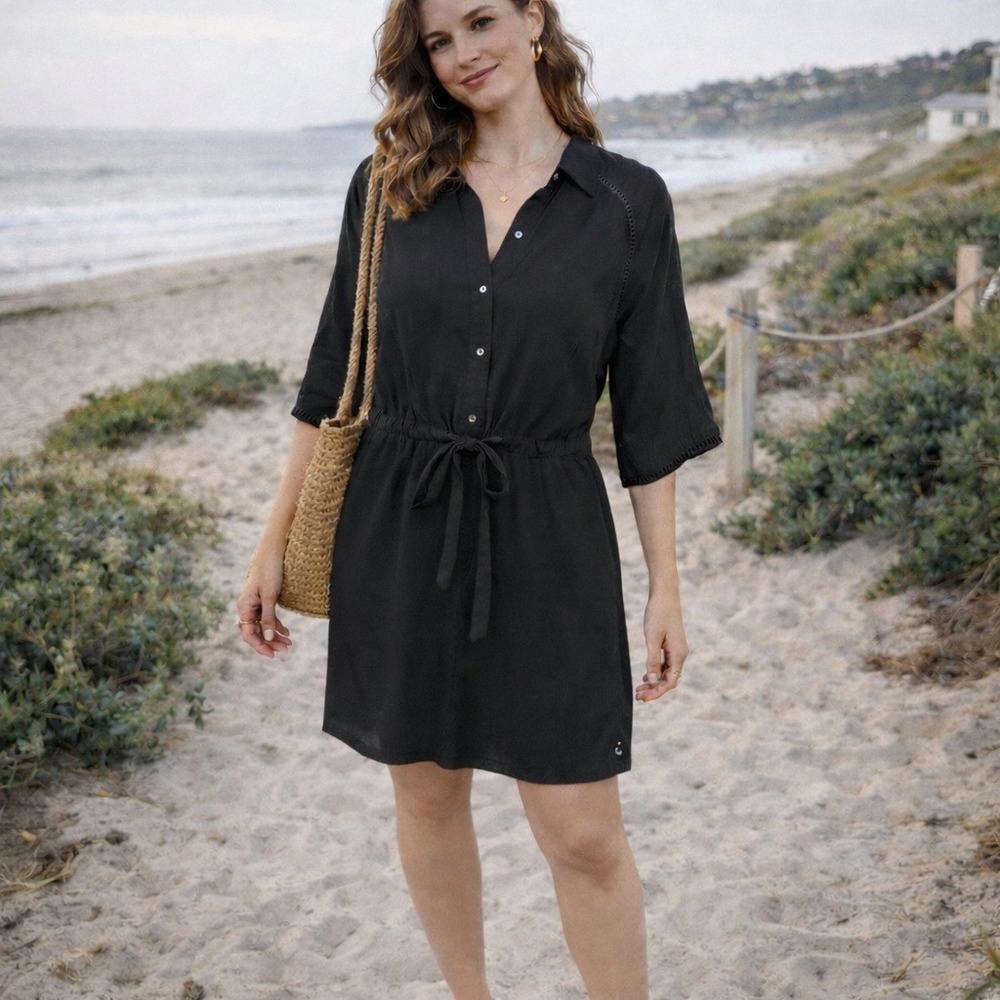Maison Scotch Dress Womens 2 Black‎ Cinch Waist Coastal Casual Vacation Resort